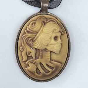 Handmade vintage-inspired goth skeleton cameo adjustable ribbon pendant necklace